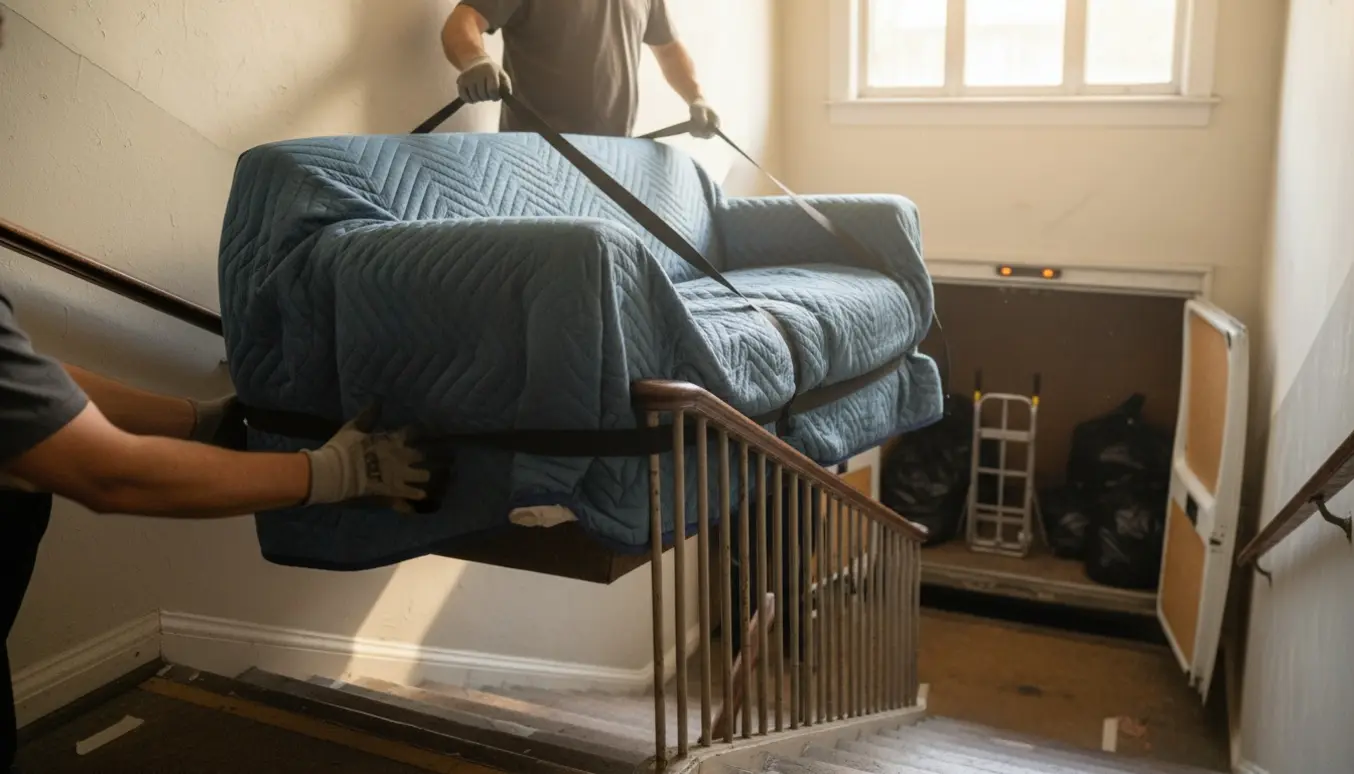 To flyttemænd sænker en to-personers sofa ned ad en bred opgang, pakket i flyttetæpper, med en varevogn parkeret nedenfor med havariblink.