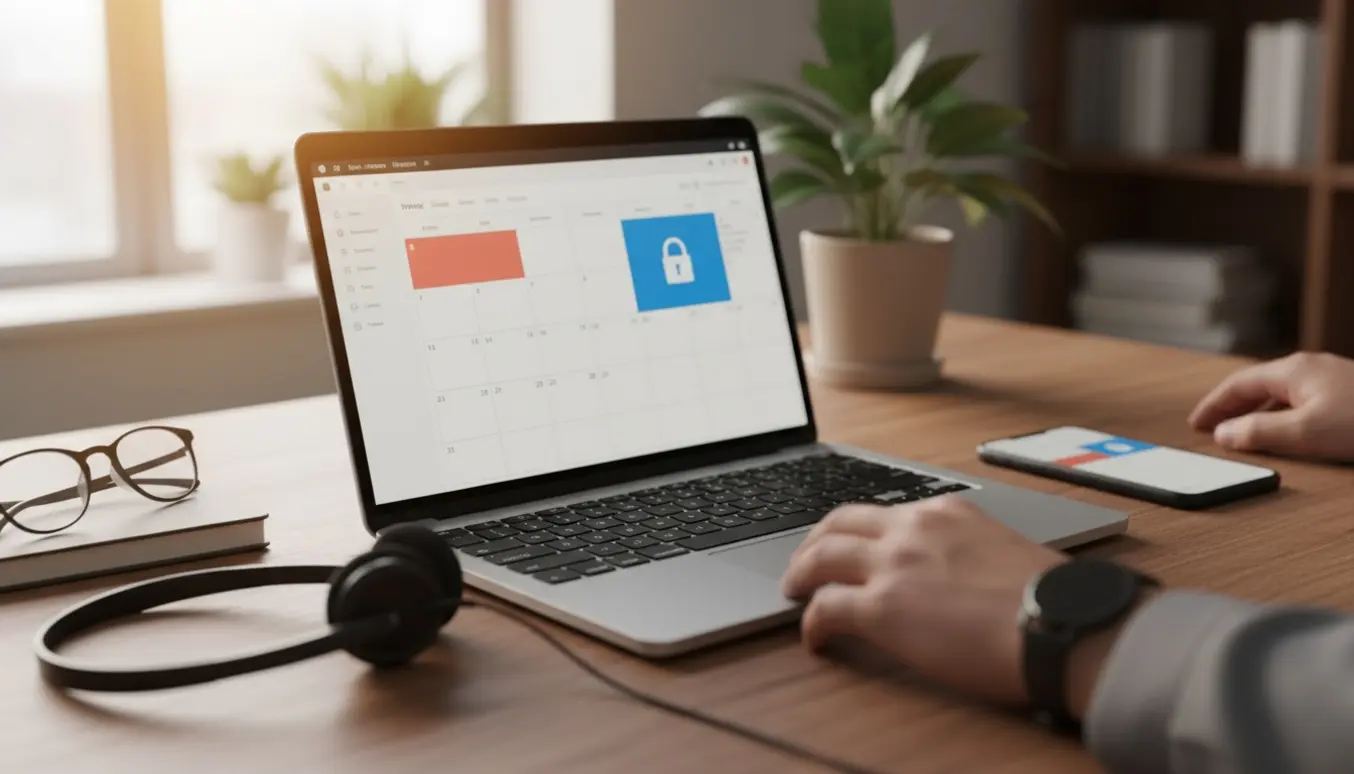 Nærbillede af en bærbar på et skrivebord med et kalenderlayout på skærmen og et låseikon, der viser et privat møde.