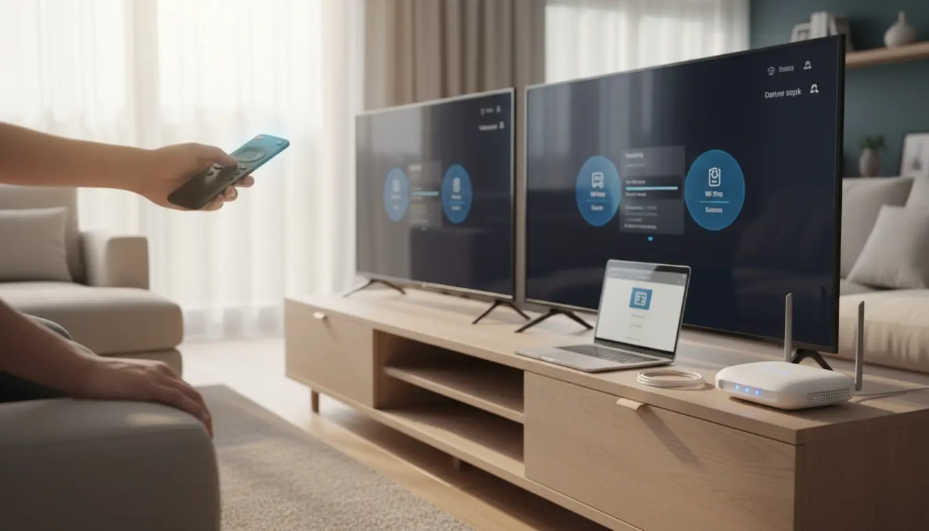 Hænder konfigurerer Wi‑Fi på to fladskærms-tv i en lys, moderne stue med router og smartphone.