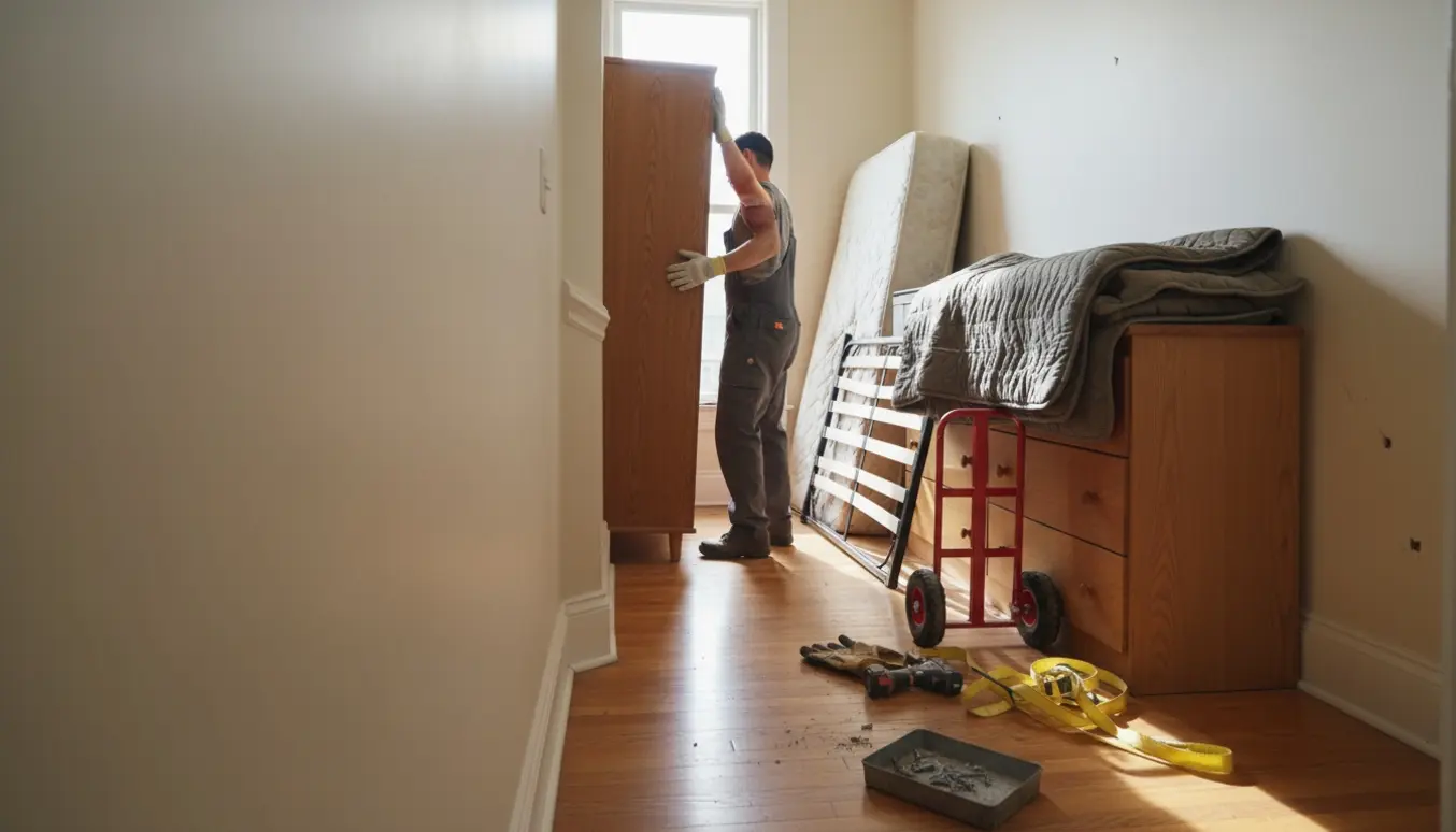 En person uden synligt ansigt flytter et skab ned ad trappen i et hjem med værktøj og møbler omkring.
