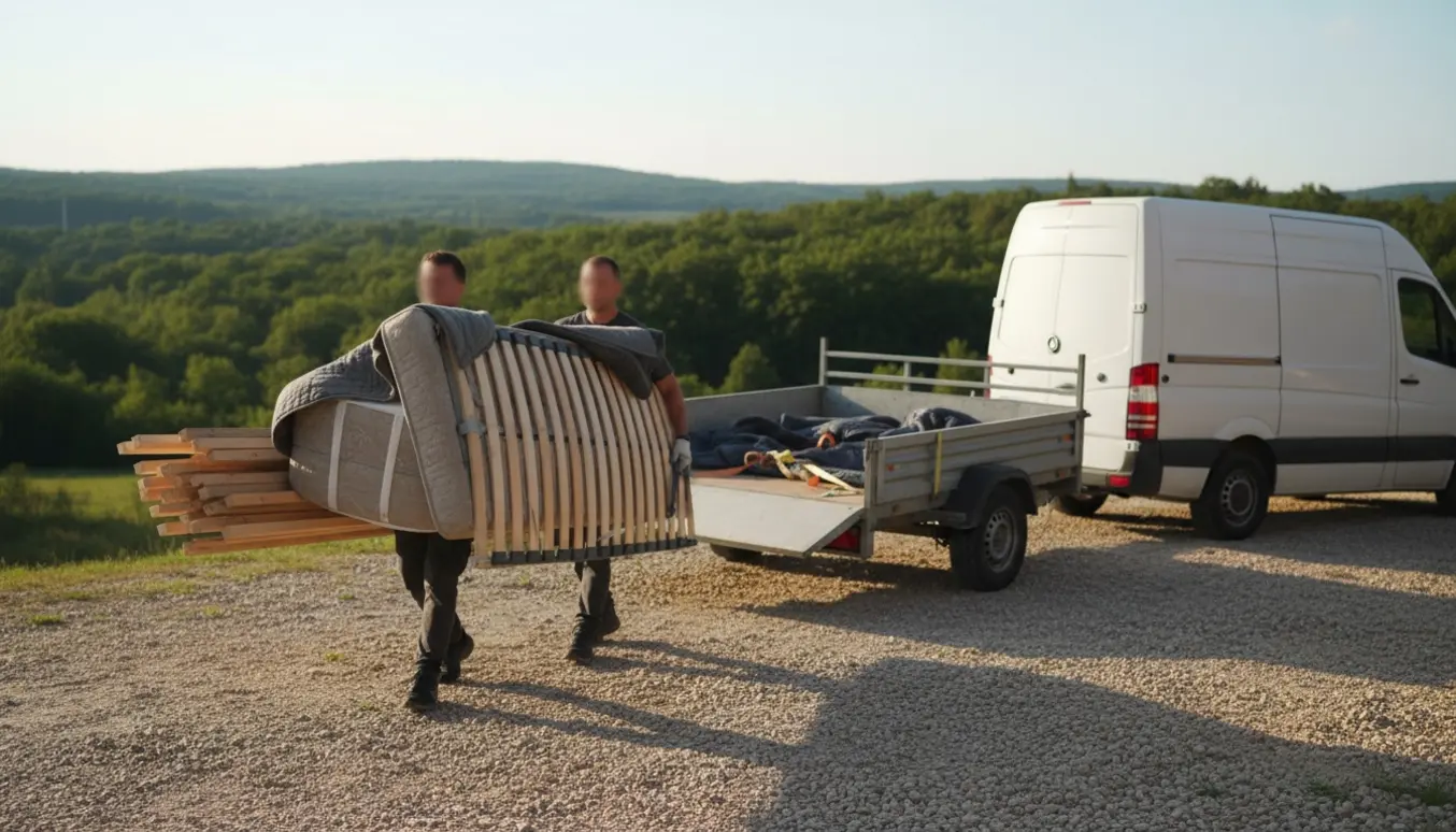 To personer bærer en 160x200 madras og en adskilt seng ud til en åben trailer på en grusindkørsel i landskabet, klar til bortskaffelse.