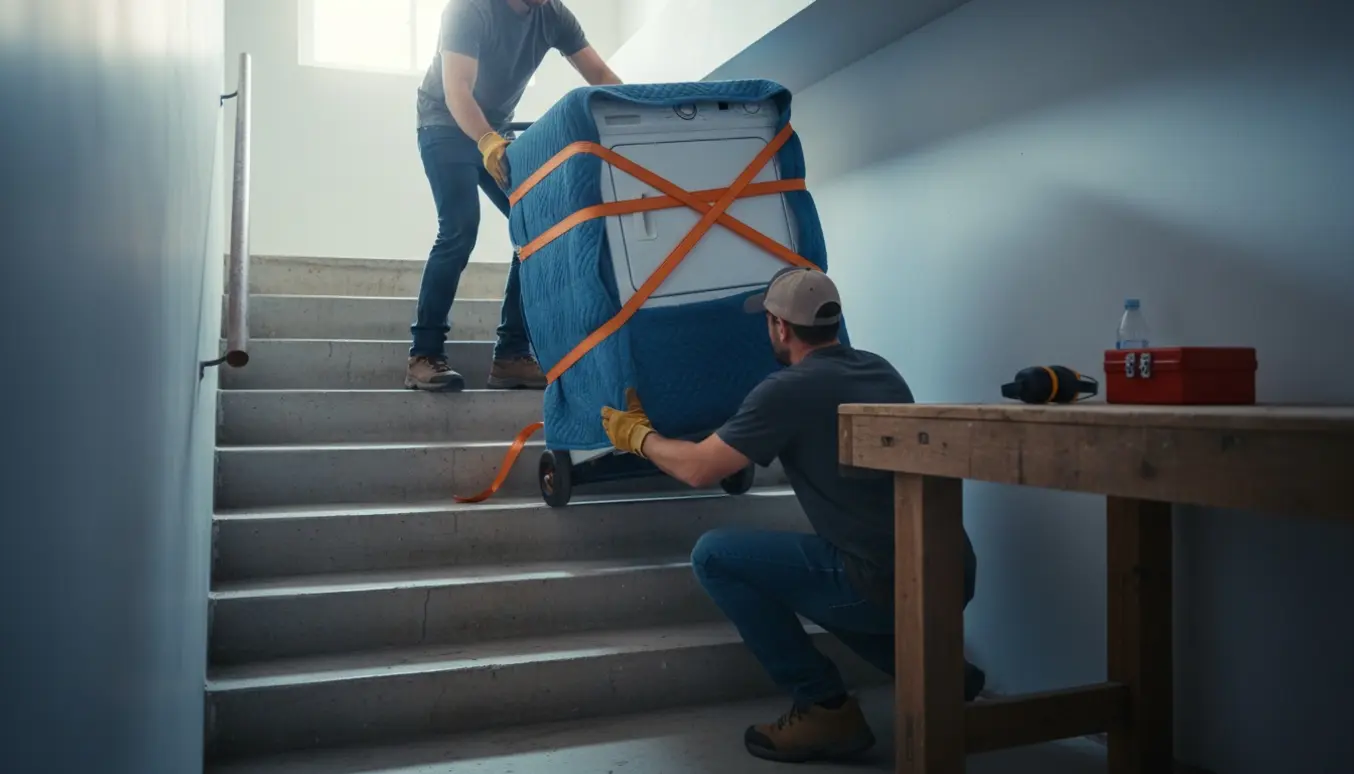 To personer bærer en tørretumbler ned ad en kældertrappe mod et bord i kælderen.