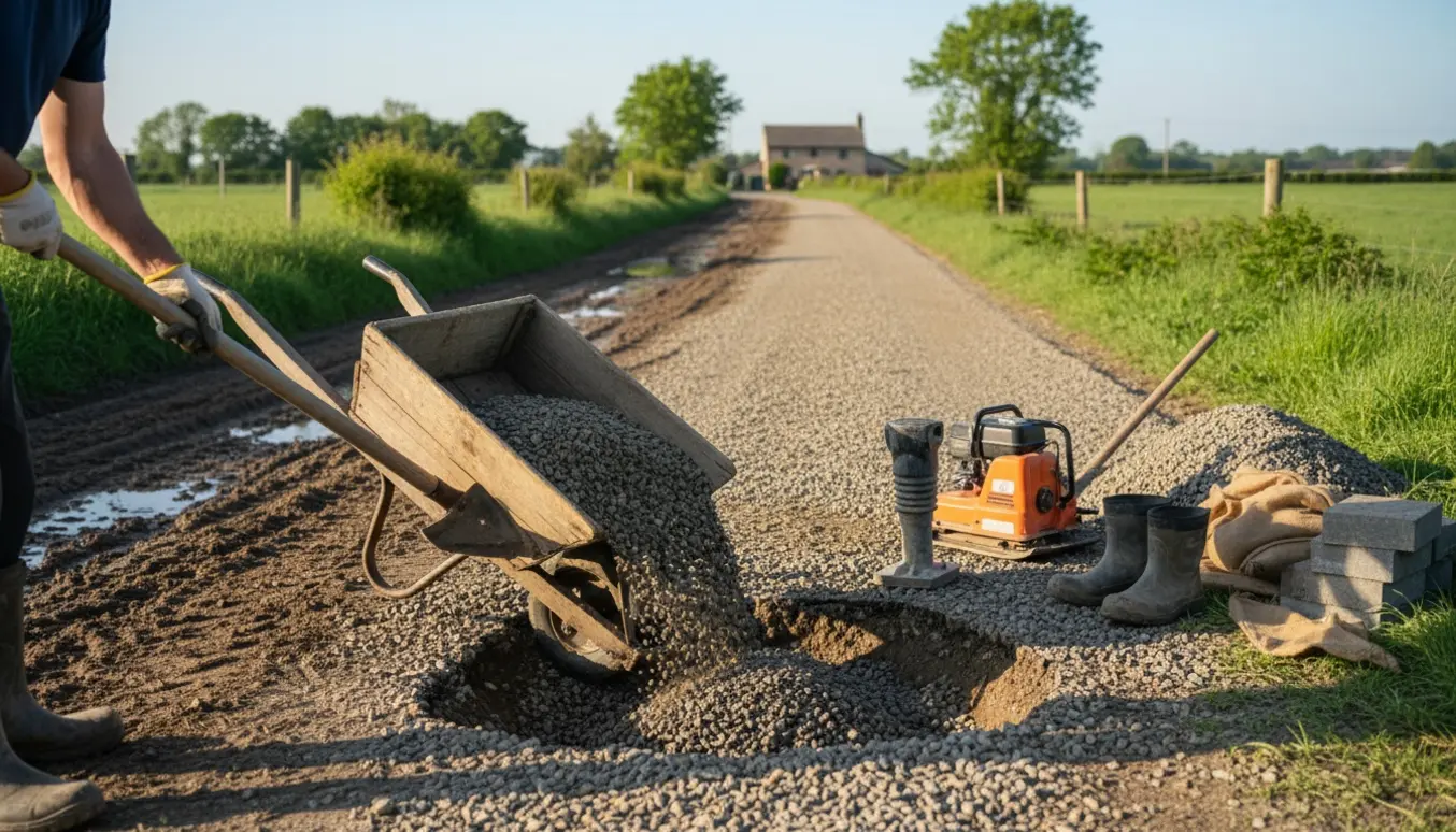 En privat markvej, hvor huller fyldes med nyt grus og en pladevibrator står klar.