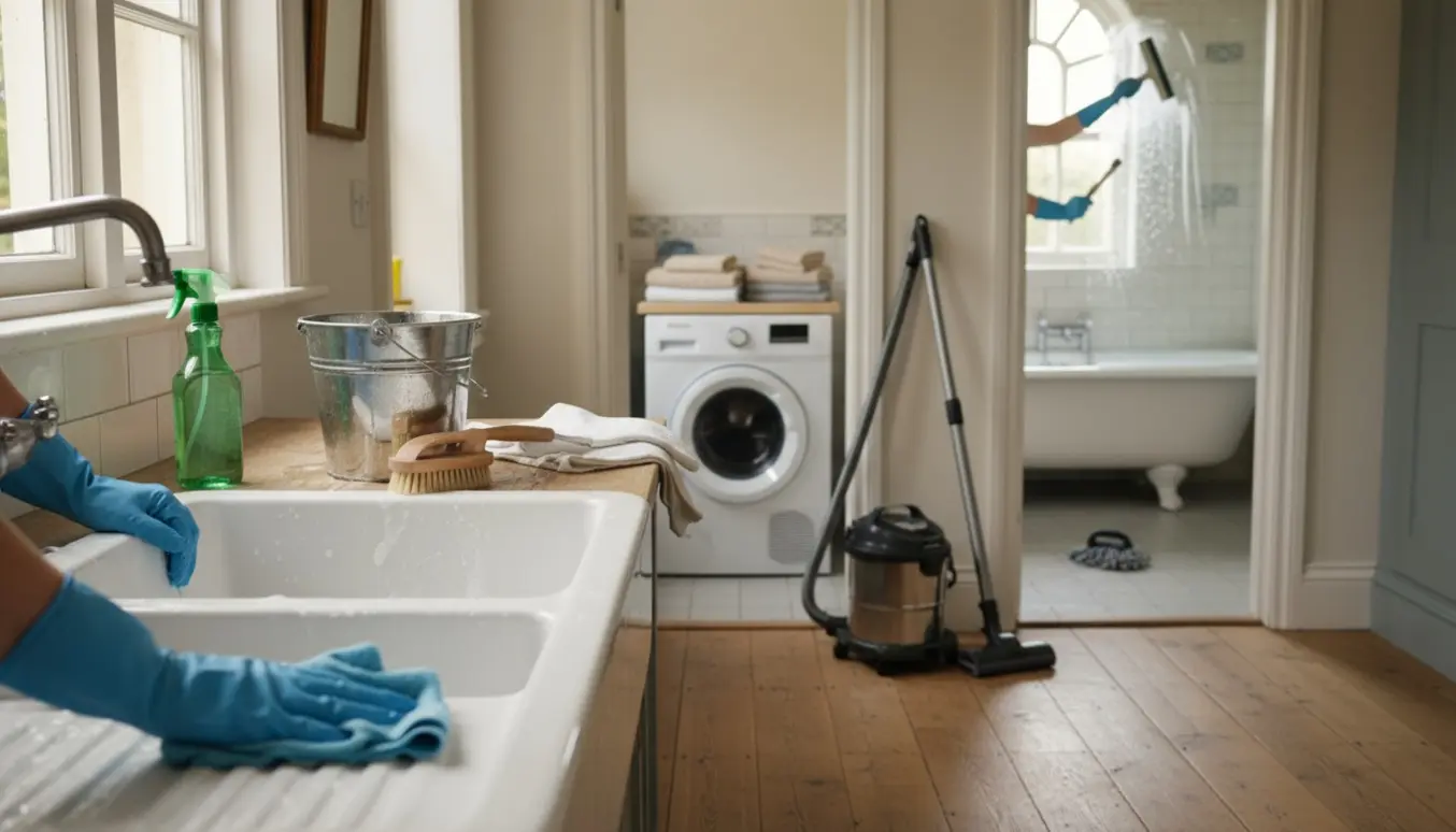 Hænder i handsker rengør køkkenvask og badeværelse i et lyst, ældre hus.