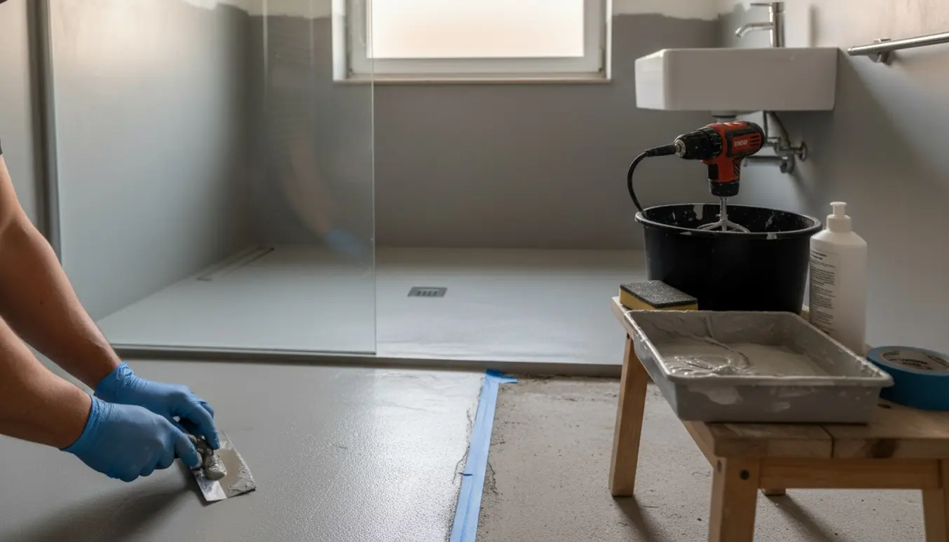 Lille badeværelse hvor microcement påføres gulv og bruseområde med værktøj i fokus.