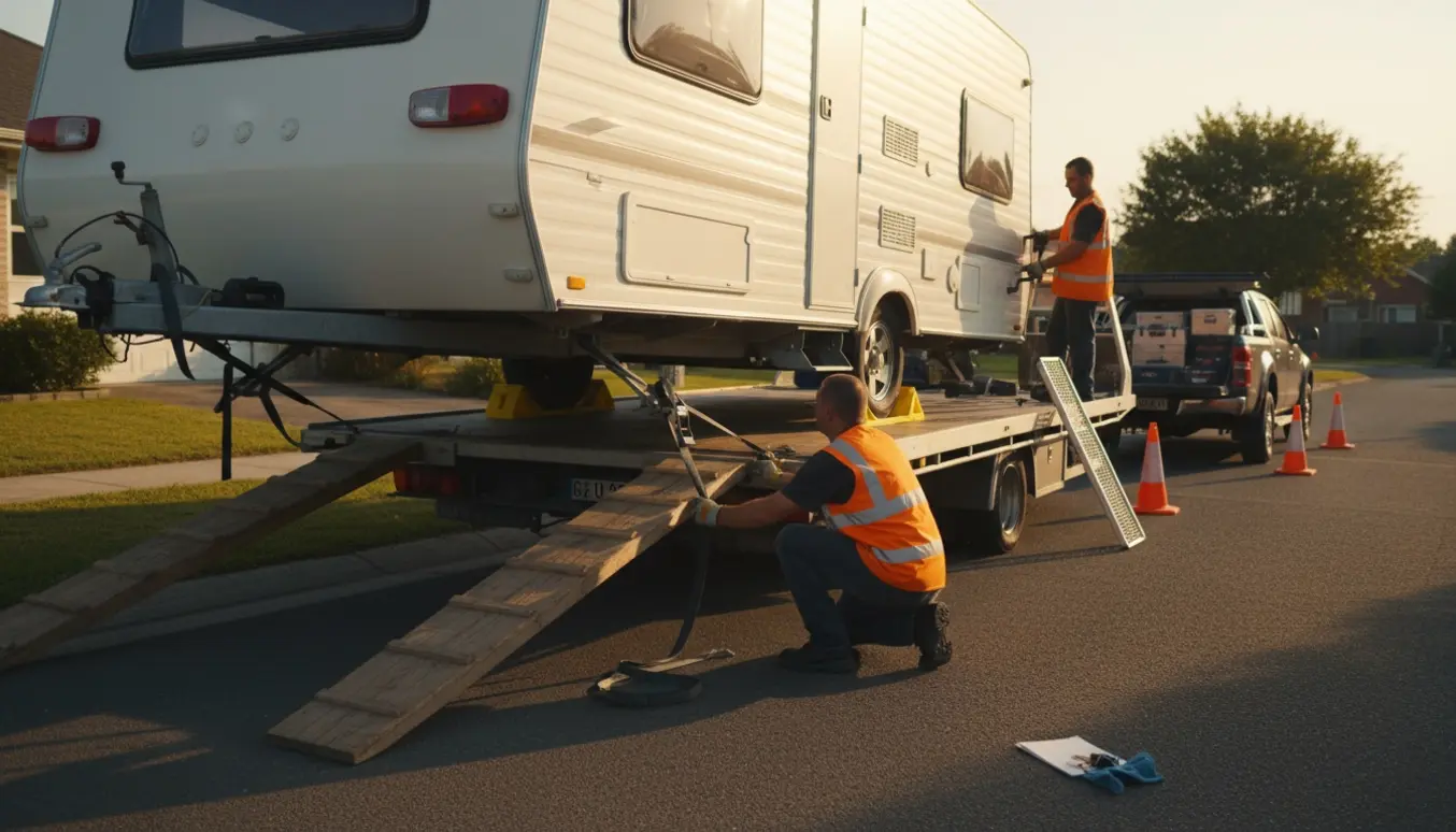 Campingvogn læsses på en fladvogn med arbejdere, der spænder stropper i gyldent morgenlys.