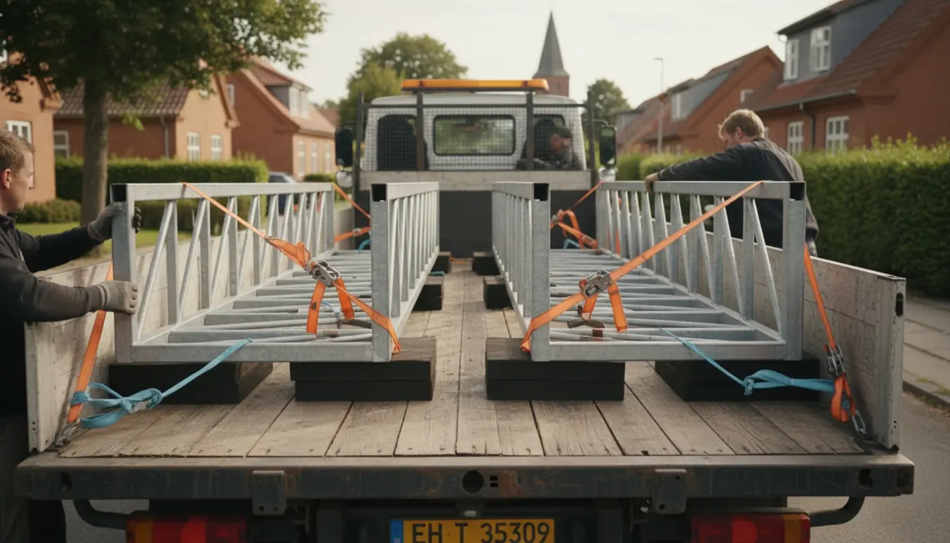 Åben ladbil med to brede metalstativer sikret på ladet, mens hjælpere binder dem fast.