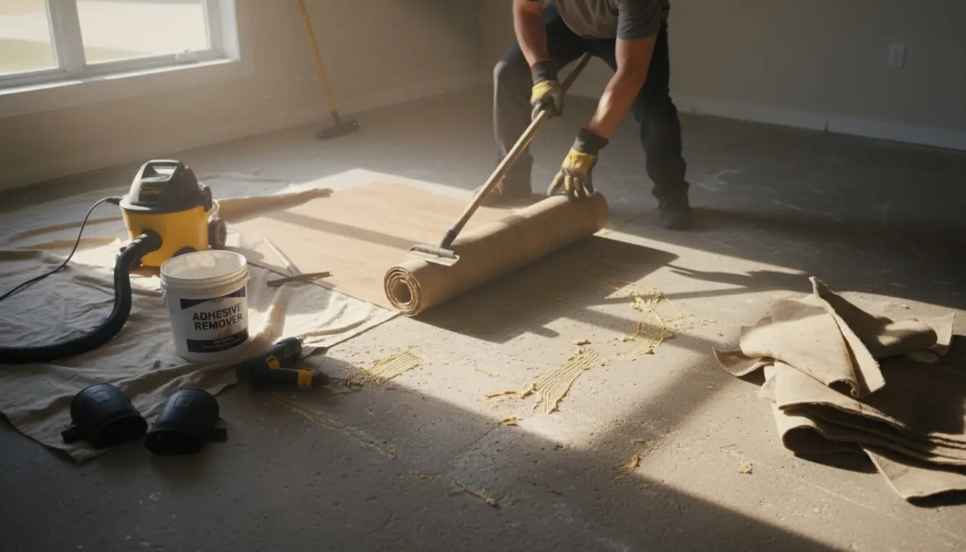 Fjernelse af limet vinylgulv i et soloplyst rum med eksponeret beton og værktøj.
