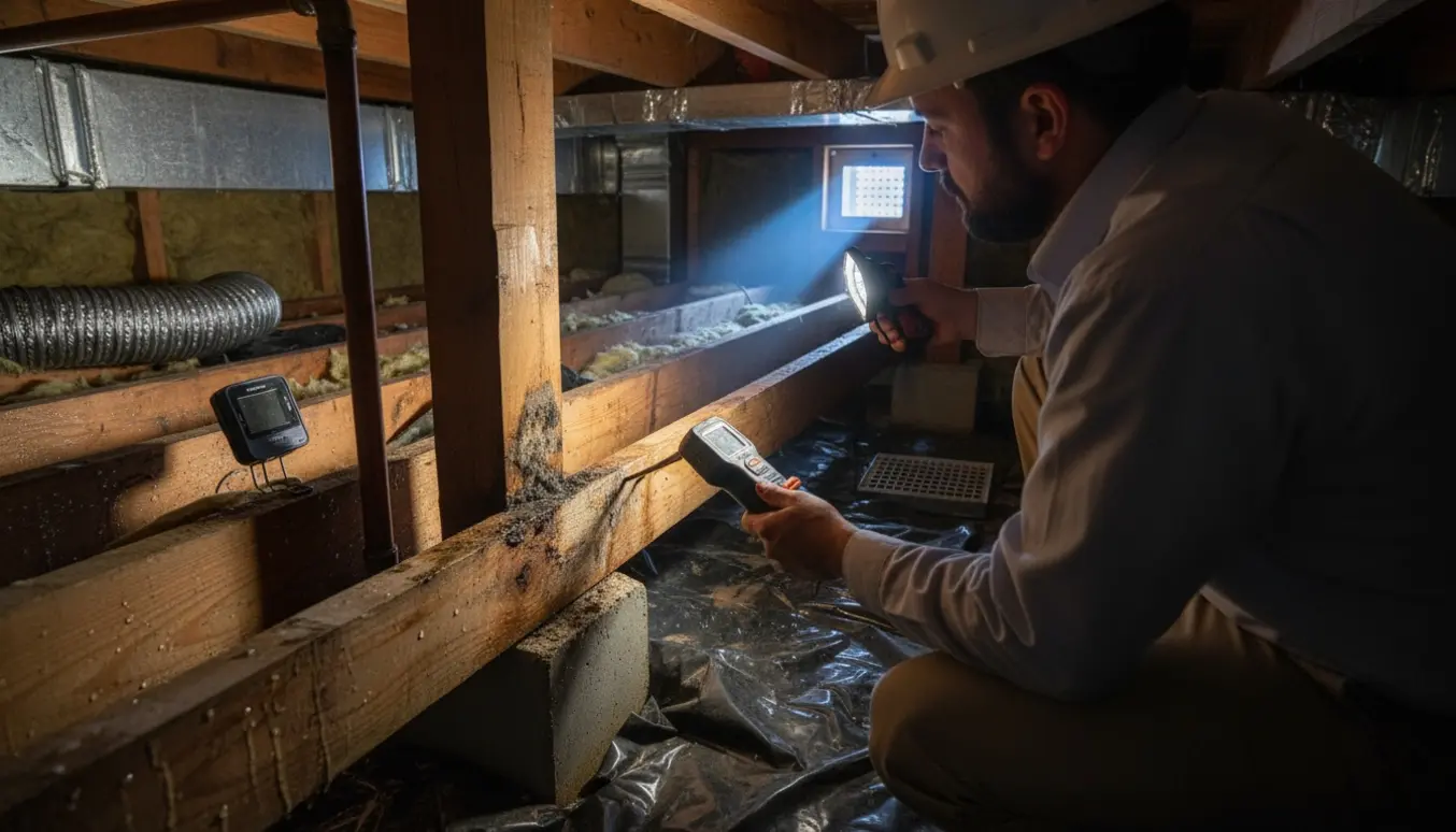 En inspektør tjekker fugt og skimmel i en krybekælder med lommelygte og fugtmåler.