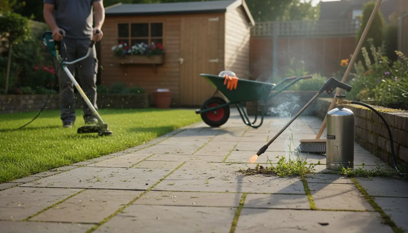 Hånd harværktøj til kantklipning og en ukrudtsbrænder fjerner ukrudt mellem fliser i en solrig have.