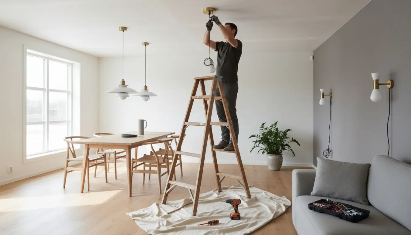 Installering af tre loftslamper og to væglamper i en lys skandinavisk stue med en håndværker på stige.