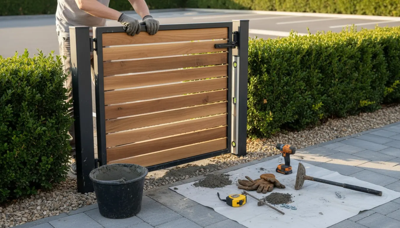 Nærbillede af montering af en låge mellem hæk og parkeringsplads med stolper, værktøj og våd beton.