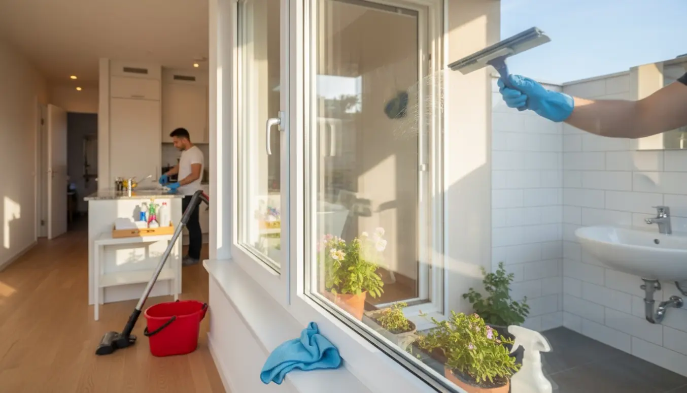 Person pudser stort altanvindue i en lys lejlighed med rengøringsudstyr i forgrunden.