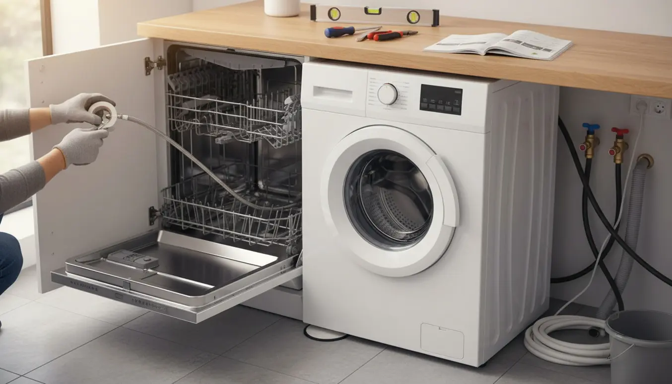Installation af vaskemaskine og opvaskemaskine i køkken med værktøj og synlige el- og vandtilslutninger.