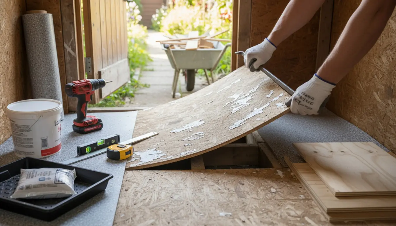 Lille kolonihavetoilet med sunket malet spånplade, værktøj og rulle linoleum ved åben dør til haven.