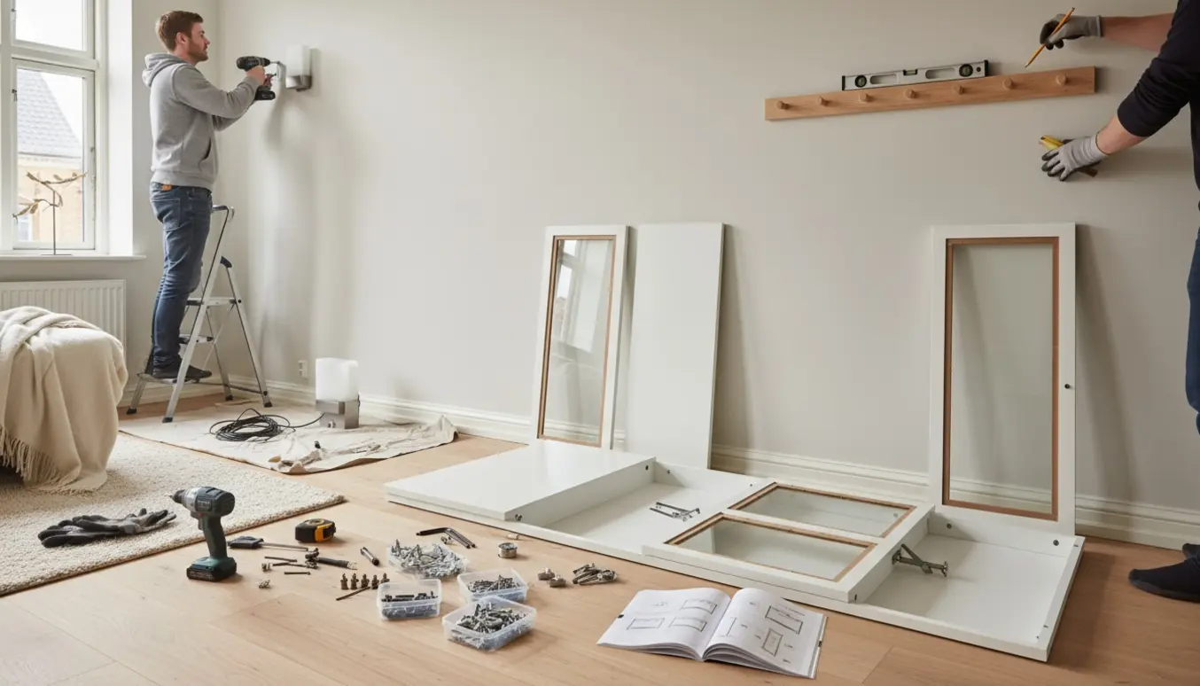 Ny lejlighed i Aarhus med montering af lamper, opmåling af en knagerække og samling af et vitrineskab.