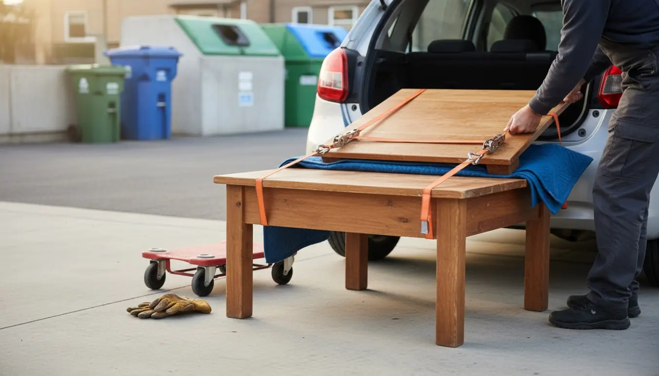 Et mellemstort træsofabord læsses i bagagerummet på en bil ved en genbrugsstation med flyttetæpper og spændebånd.