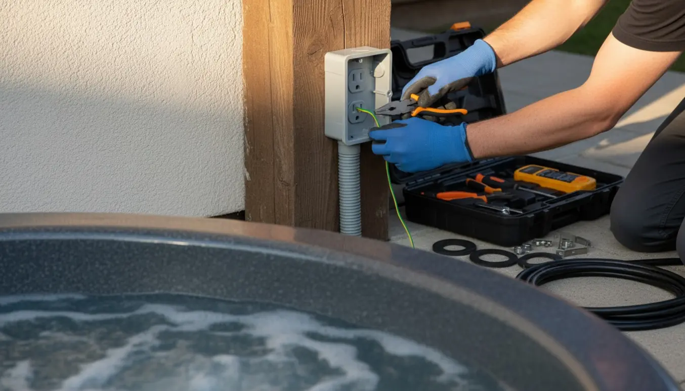 Elektriker monterer en vejrbestandig udendørs stikkontakt ved kanten af et spabad, kun hænder og værktøj synlige.