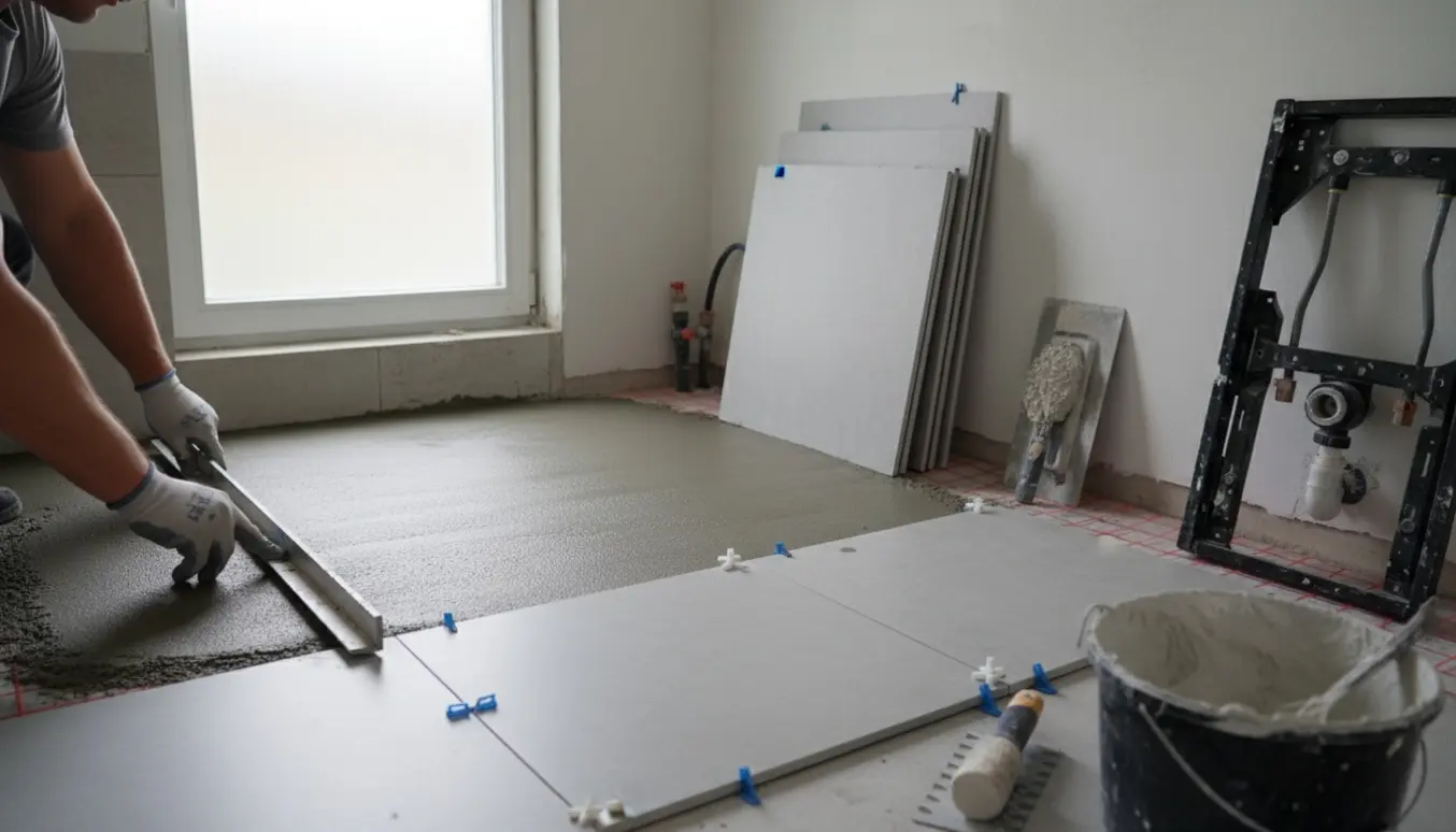 Lille toilet under renovering med frisk støbt gulv, synlig gulvvarme og 60x60 fliser klar til montering.