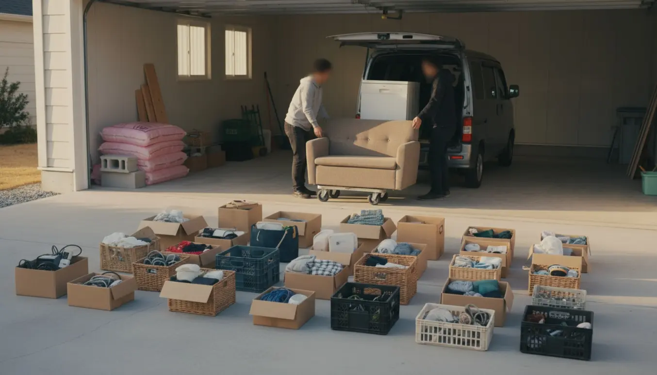 Sorterede kasser og møbler i en carport, to hjælpere læsser ting klar til at køre til lossepladsen.