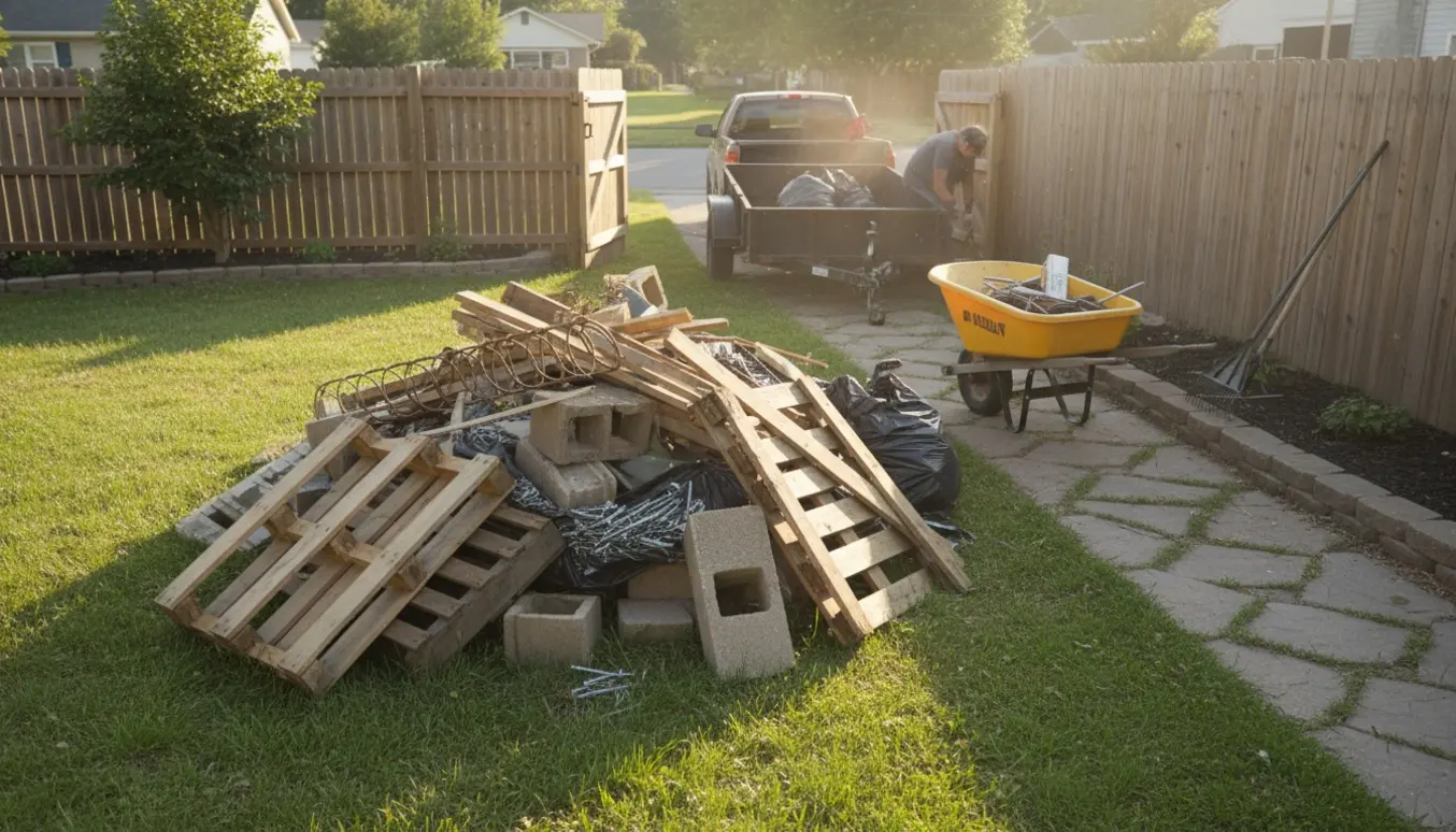 Baghave med paller, jernstænger og byggematerialer klar til afhentning via gangsti til vejen.