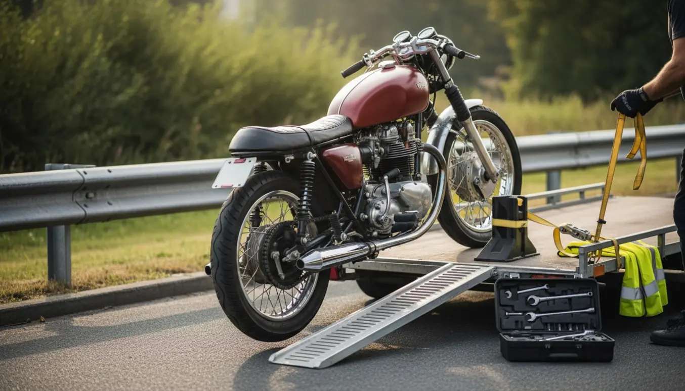 En 650 cc cafe racer læsses op på en trailer ved vejkanten med rampe, stropper og mekanikere med ryggen til.