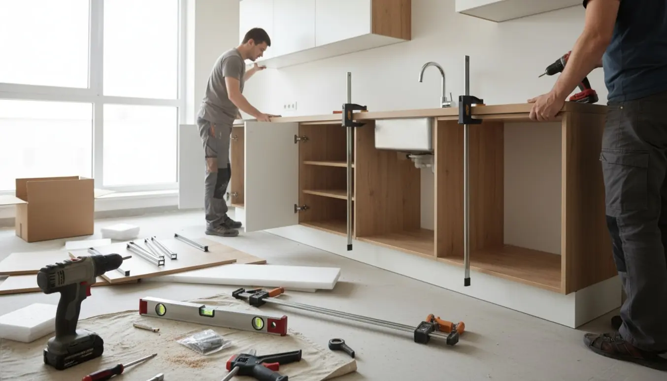 Montage af et lyst køkken med hvide og træskabe, bordplade og rustfri vask.