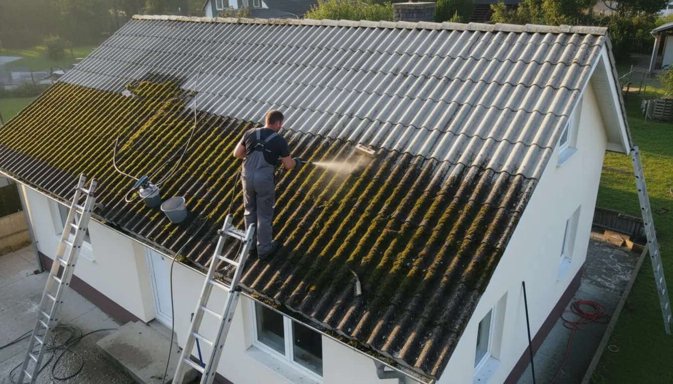 Håndværker set bagfra rengør et eternittag for mos med stiger og udstyr synligt.