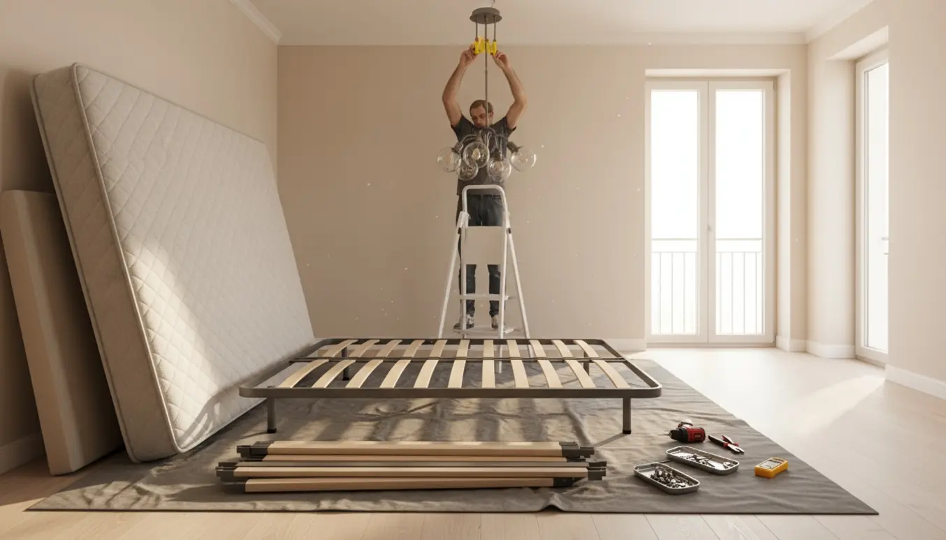 Soveværelse hvor en lampe afmonteres fra loftet og en dobbeltseng er delvist adskilt klar til flytning.