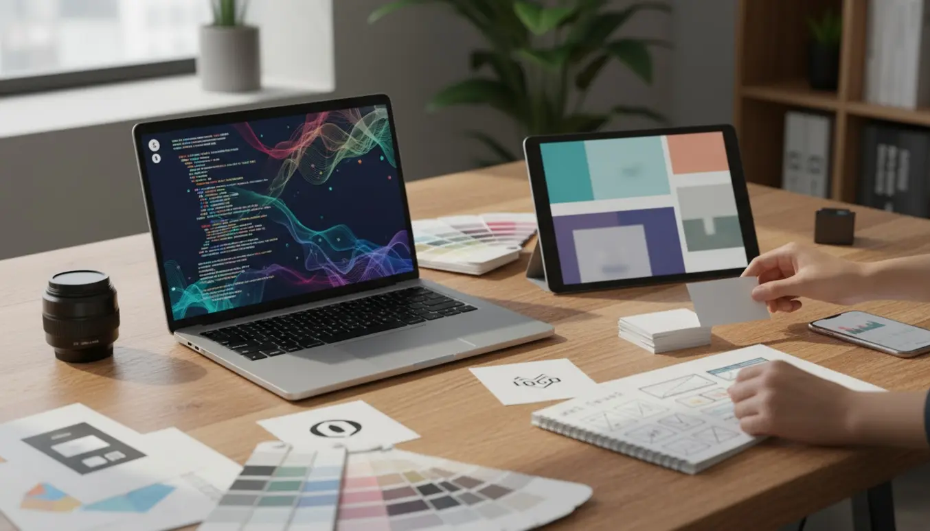 Skrivebord med bærbar, tablet med designmockup, flyers og farveprøver, der illustrerer en webudvikler og marketingekspert.