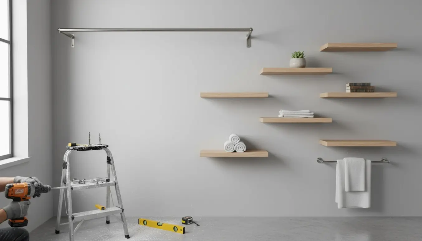 Nærbillede af hænder, der med en slagboremaskine monterer bøjlestang, fem hylder og en håndklædeholder på en lys væg.