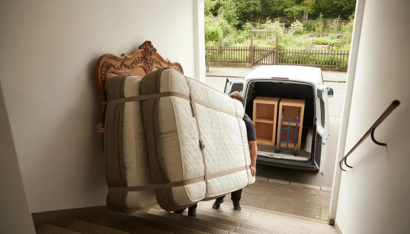 To flyttemænd bærer to hele 90x200 cm senge og en sengegavl ned ad en lys opgang, mens pakkede reoler står ved en åben varevogn ved en kolonihave.