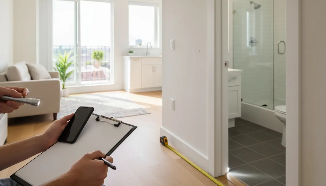 Flyttesyn i lys lejlighed med hænder, der dokumenterer skader med telefon, målebånd og clipboard.
