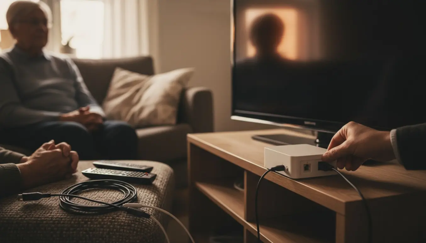 Hænder tilslutter en hvid homebox og fjernbetjeninger foran et Samsung-tv i en hyggelig stue.