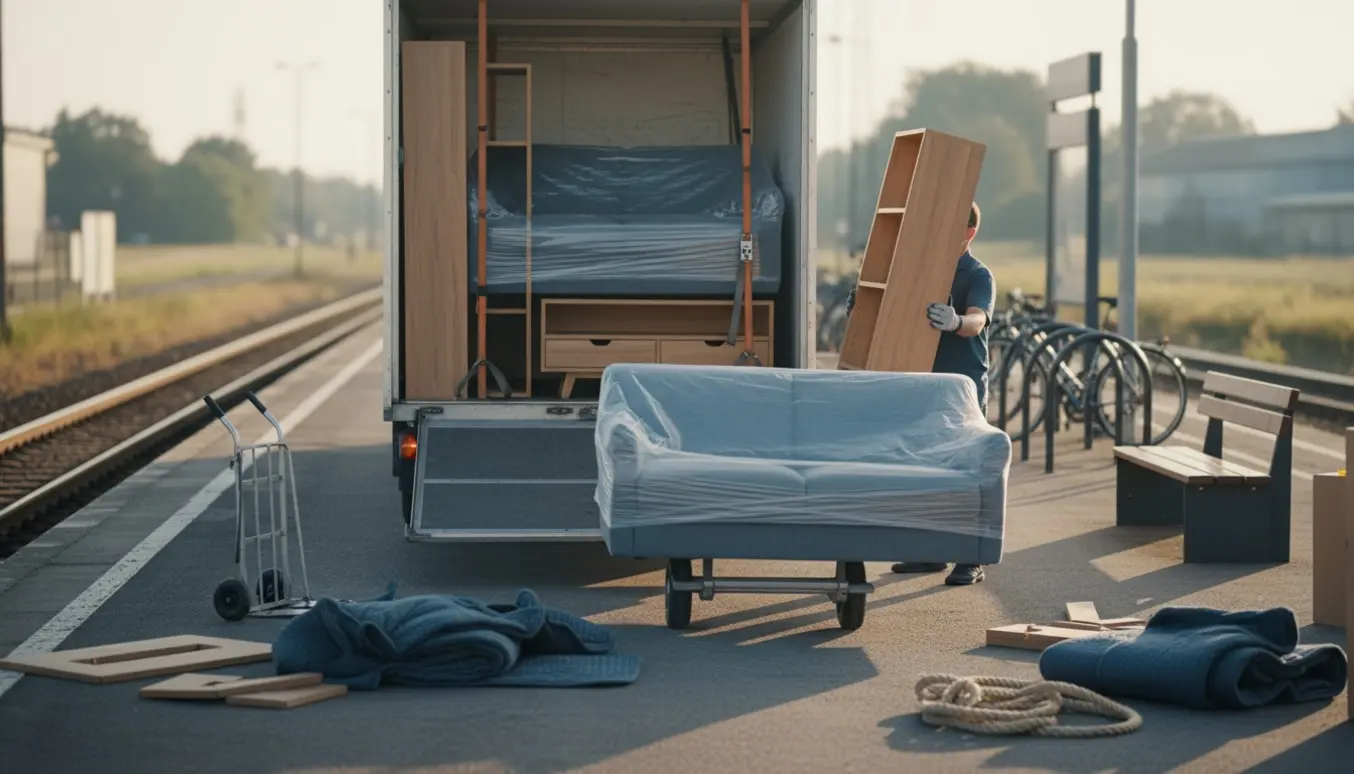 Åben flyttevogn ved en stationsperron med to indpakkede sofaer, et tv-bord og to små reoler klar til flytning.