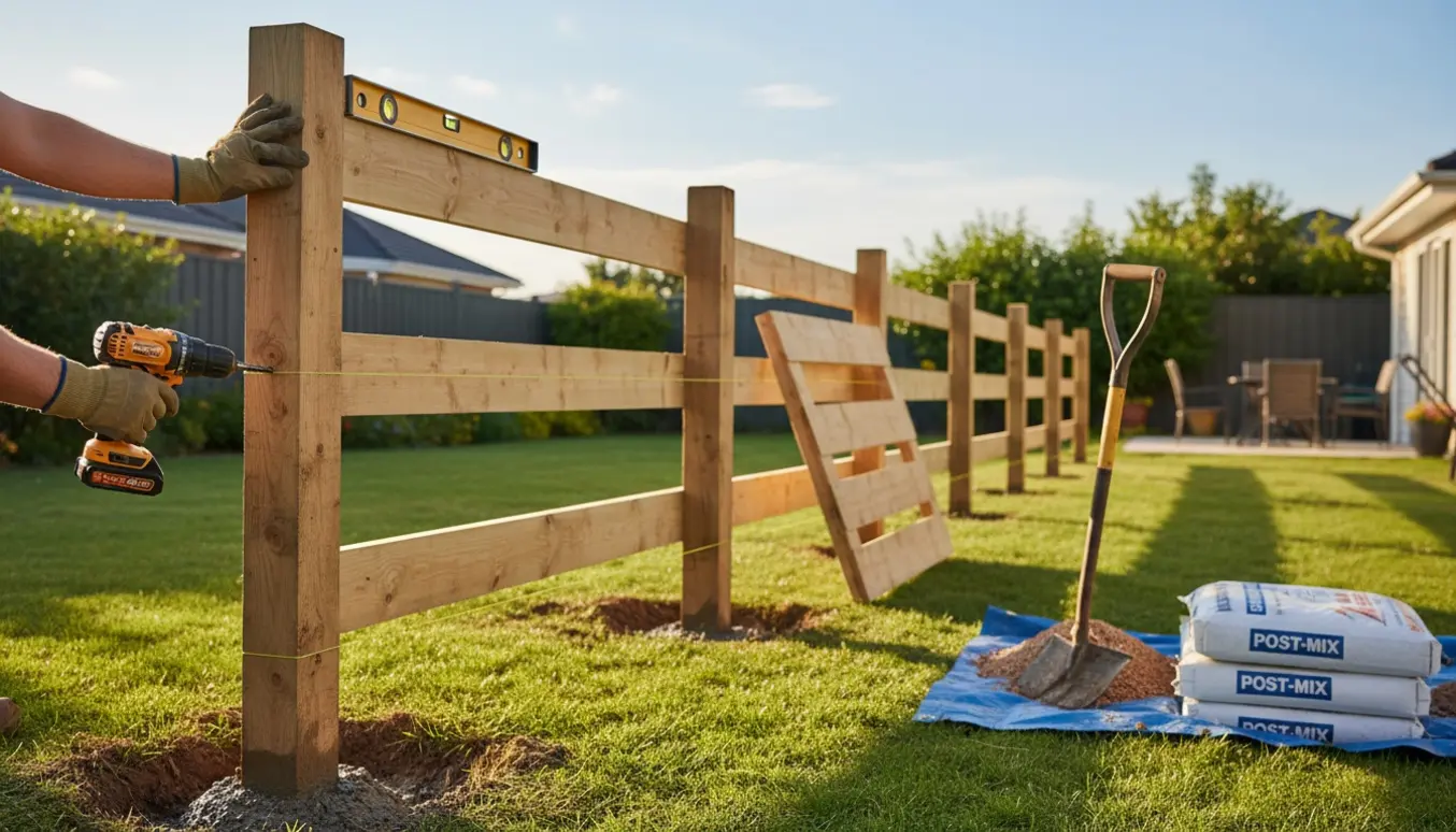 Installation af et ca. 8 meter langt hegn i baghaven med stolper, plader og en håndværker, der skruer en plade fast.