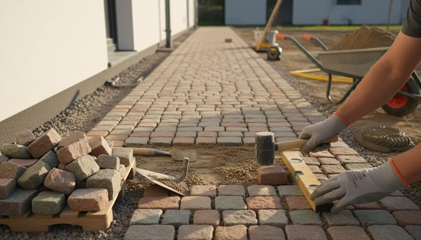 Arbejdshænder lægger 9x9 cm multifarvede chaussesten i et langt, smalt bed ved huset.