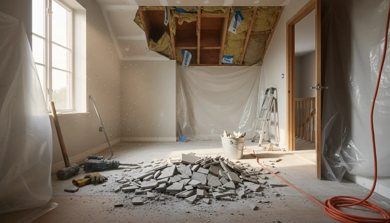 Nedrevet badeværelse på første sal med opbrudt terrazzo, værktøj og afdækningsmaterialer.