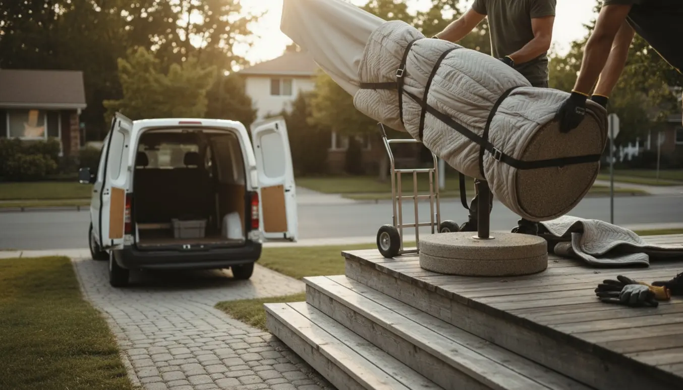 Hængeparasol med tung fod pakkes på en lille varevogn fra en veranda med trin.