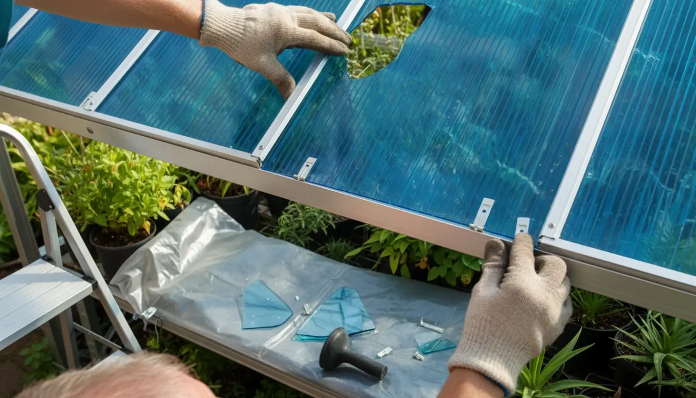 Hænder monterer farvet plexiglas i taget på et drivhus med værktøj og planter under.