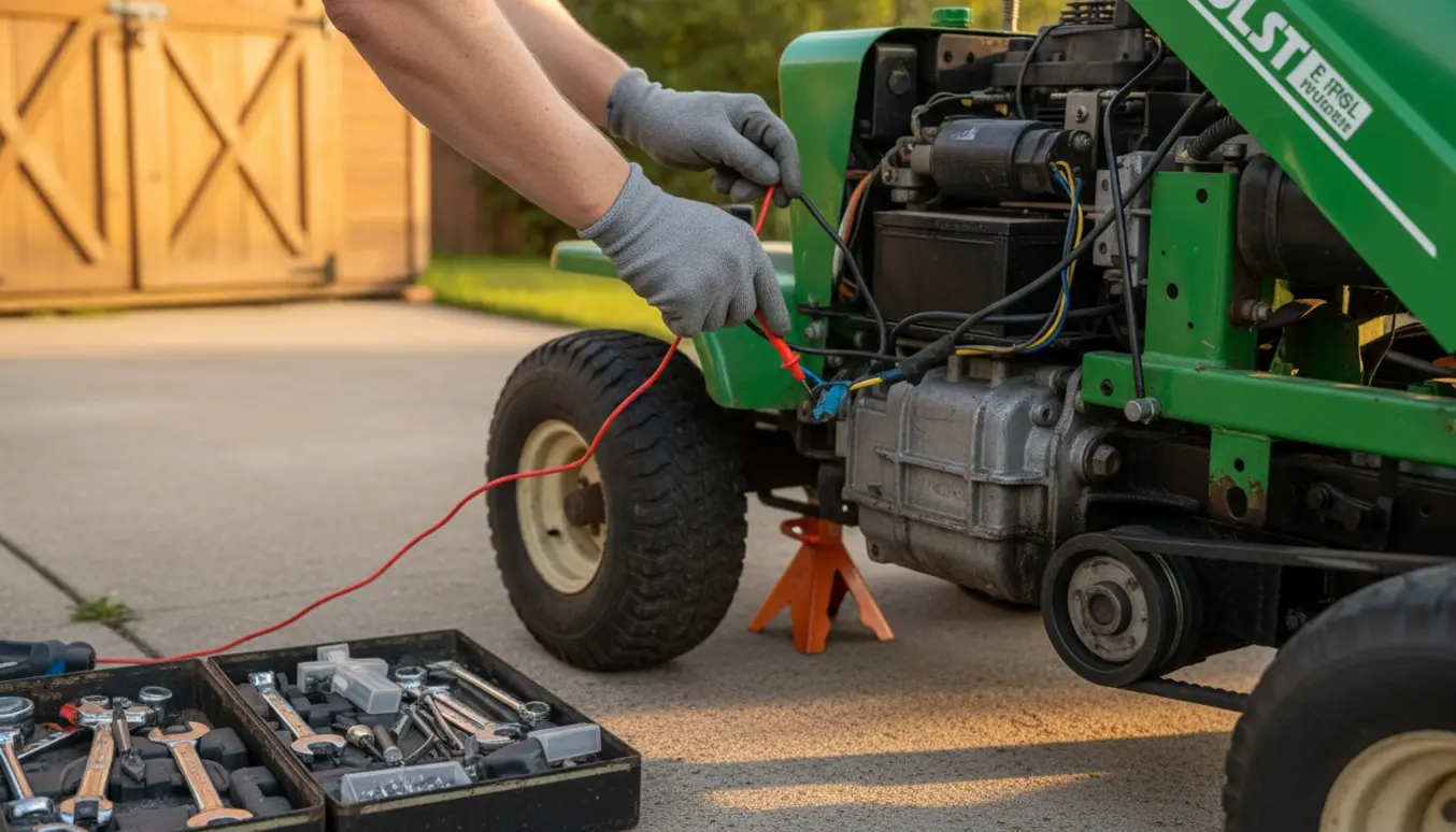 Husejer fejlsøger havetraktor med multimeter ved en løs elektrisk forbindelse ved gearkassen.