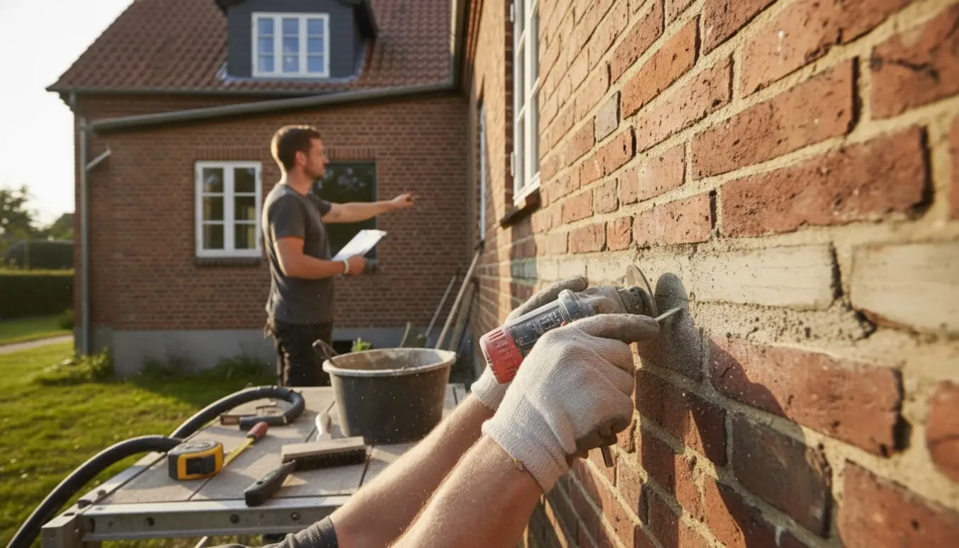 Nærbillede af fugearbejde ved tilbygning på en murermestervilla med håndværker og værktøj til vurdering og reparation.