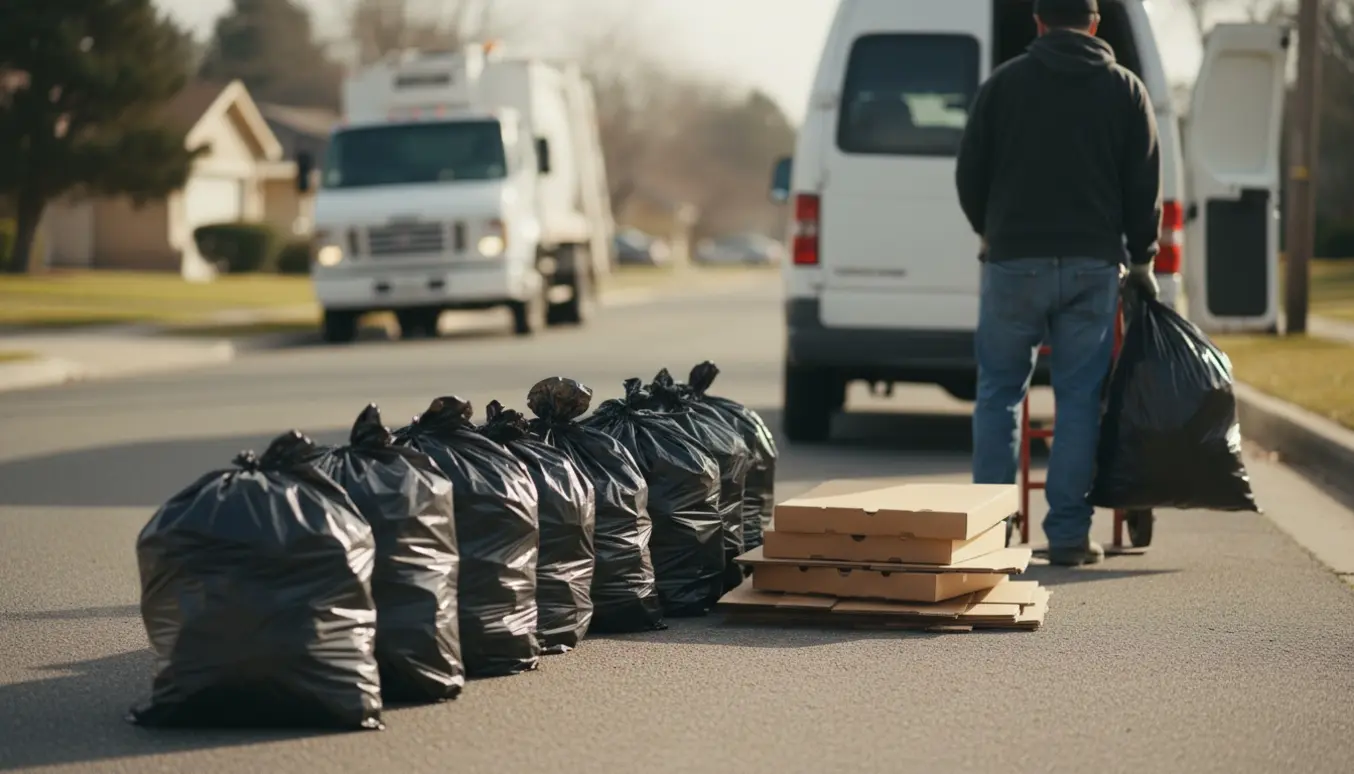 Ti sække restaffald med pizzabakker og pap samlet ved fortovet klar til afhentning.