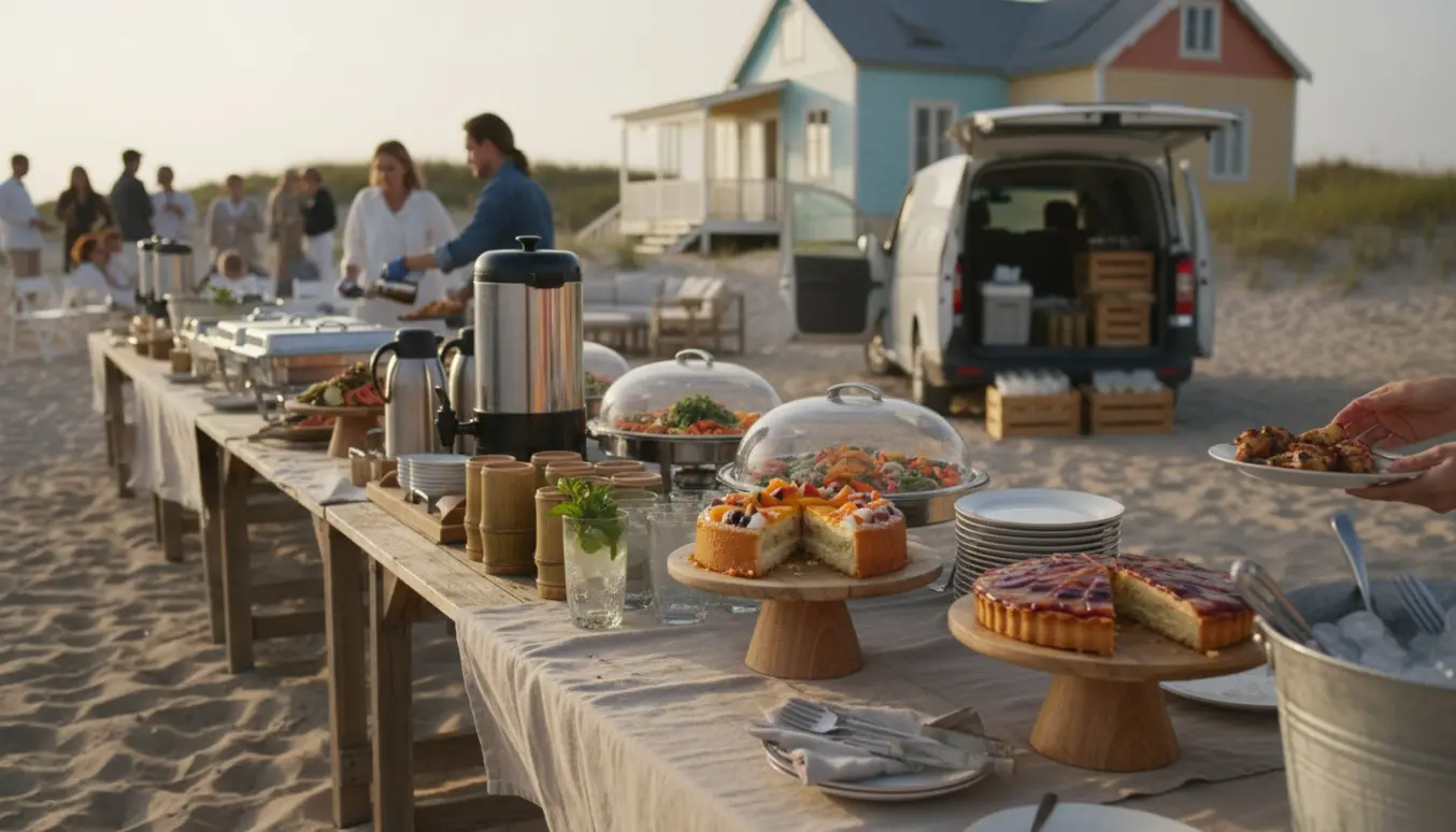 Cateringteam forbereder buffet med kaffe, kage og velkomstdrinks på stranden ved et sommerhus.