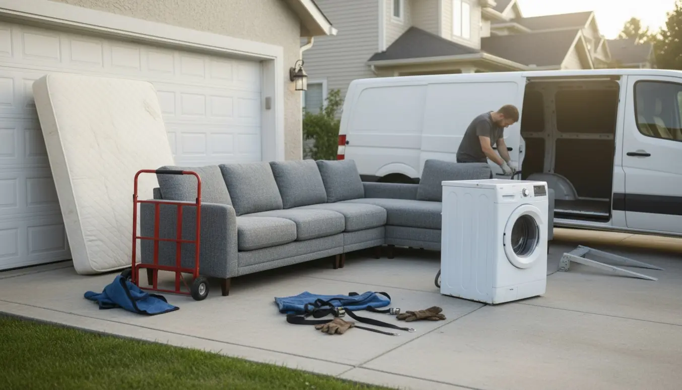 Vaskemaskine, seng og hjørnesofa på indkørsel klargjort til genbrug.