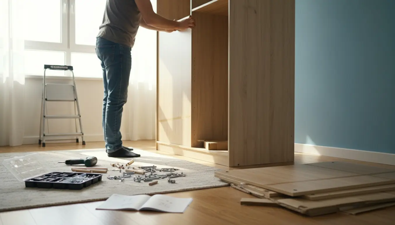 En person samler et fladtpakket skab i stuen med værktøj og dele spredt på gulvet.