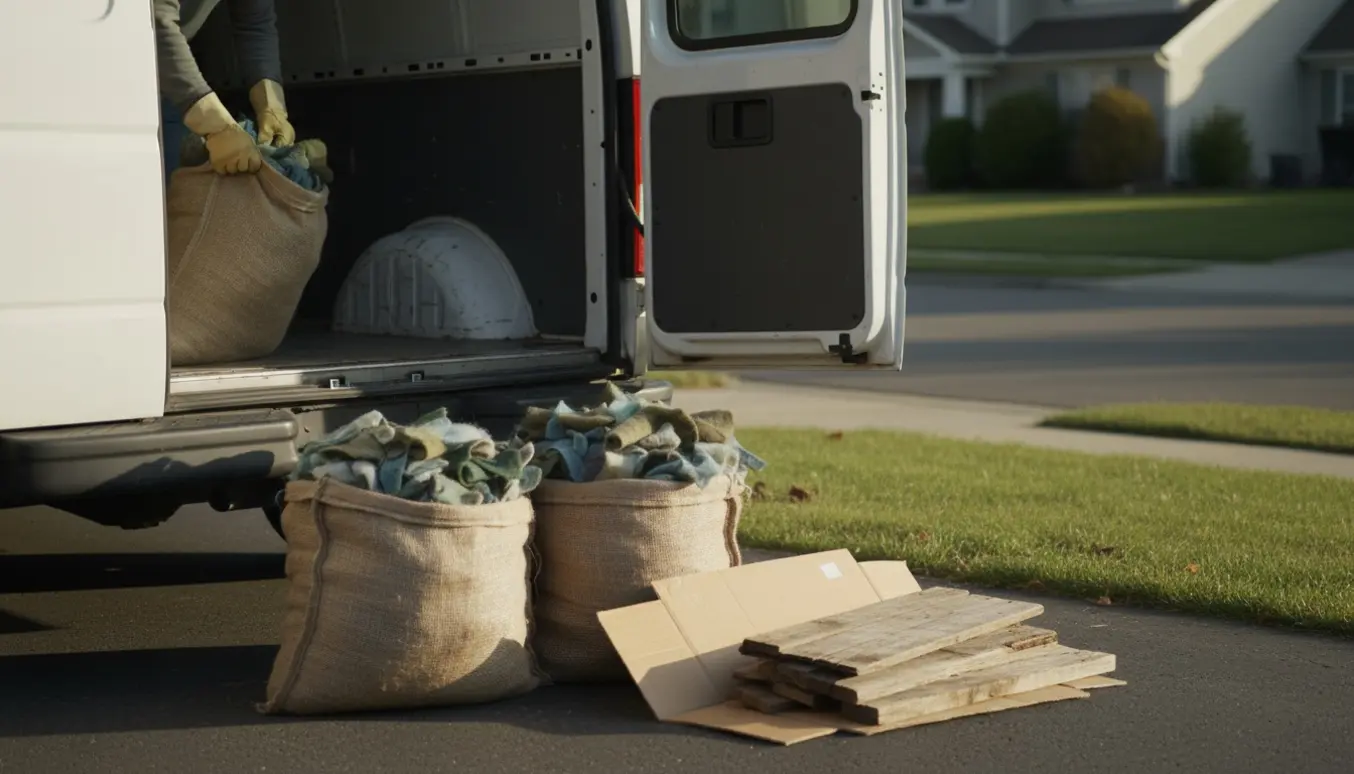 Varevogn bagudparkeret ved indkørsel med poser med filt, stabler af pap og træplanker klar til at blive læsset.