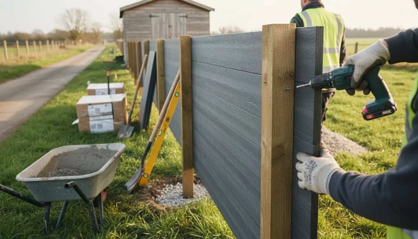 Komposithegn opsættes langs en græsrand med skur i baggrunden, håndværkere arbejder med stolper og skruemaskine.