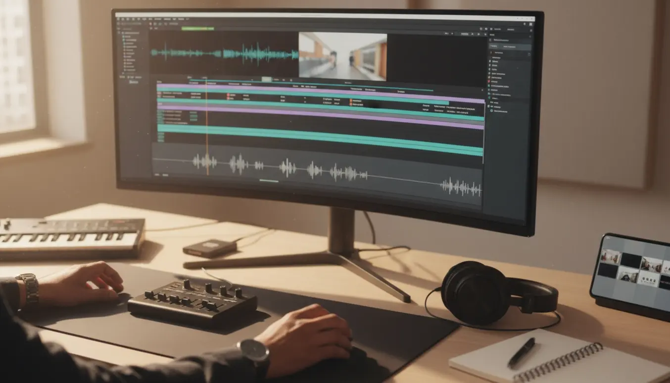 Et redigeringsbord med en stor skærm, der viser en videoredigerings-tidslinje med klip og lydspor, hovedtelefoner, smartphone og hænder ved musen.