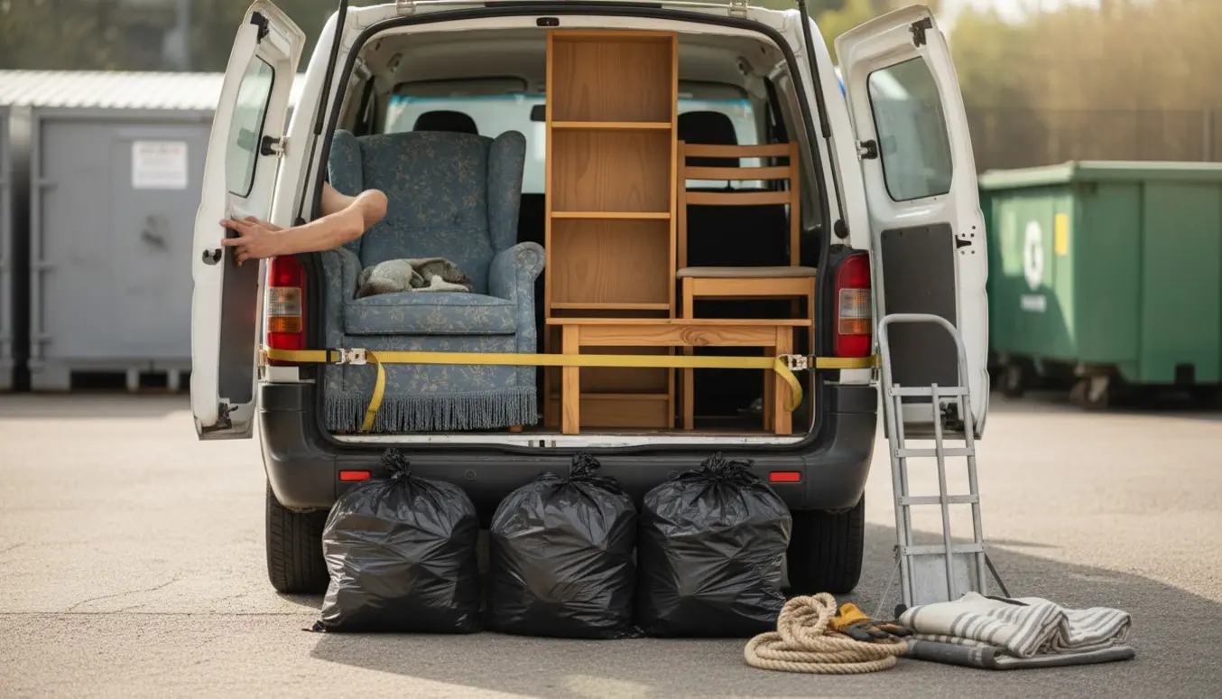 Åben varebil med fire møbler og fire sorte sække klar til aflevering ved genbrugsstationen.